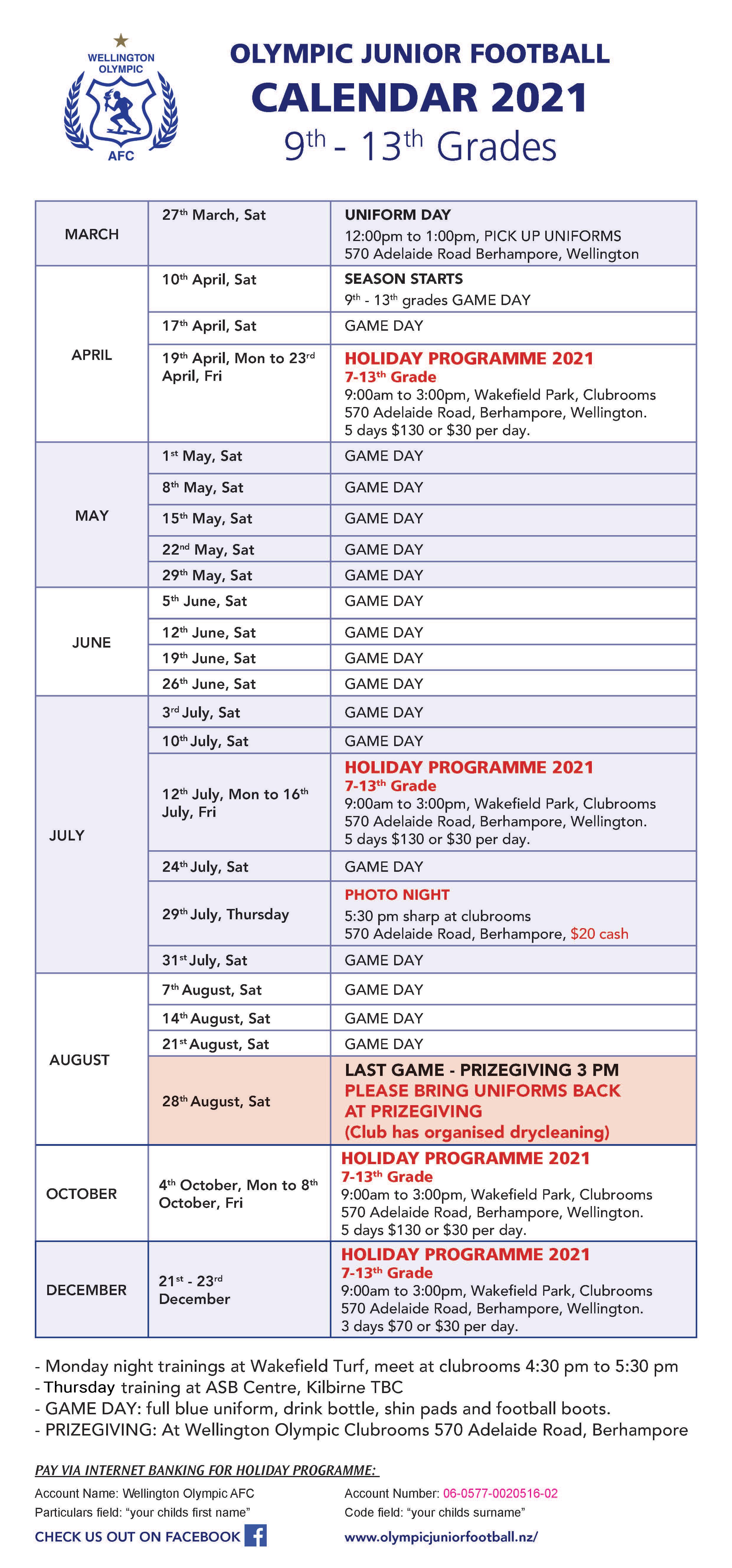 Olympic Juniors Calendar 2021 | 9th - 13th Grades 